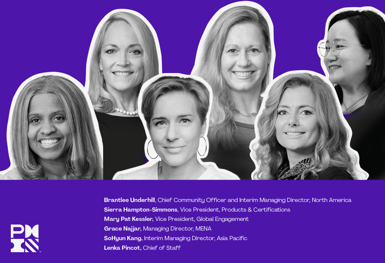 Headshots of Brantlee Underhill, Sierra Hampton-Simmons, Mary Pat Kessler, Grace Najjar, SoHyun Kang, and Lenka Pincot against purple background with PMI logo