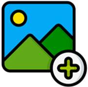 An icon depicting adding an image to a documents. A picture of mountains and sky with a plus sign superimposed on top.